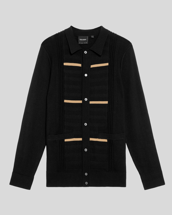 Lyle & Scott Striped Ottoman Collared Cardigan Jet Black/ Tigers Eye