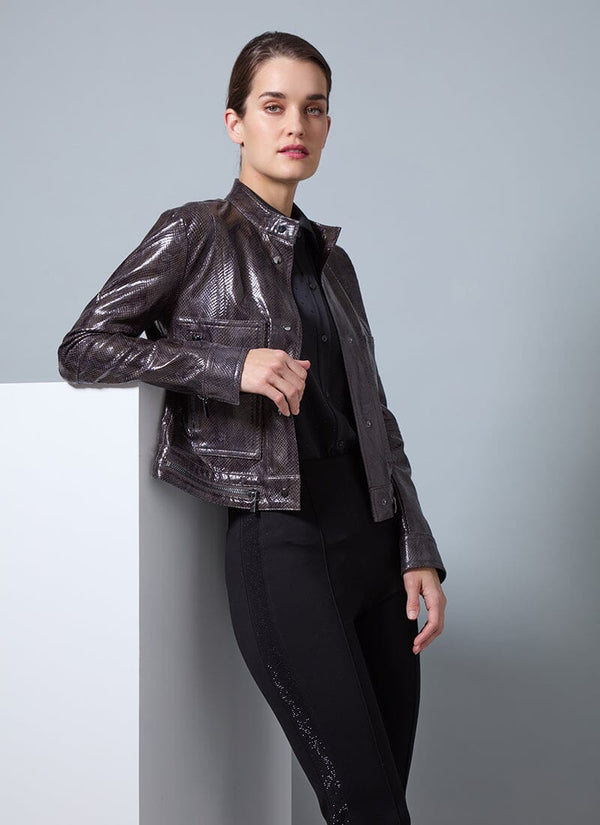 Lyssé Bennett Patent Vegan Leather Jacket Liquid Mocha Snake