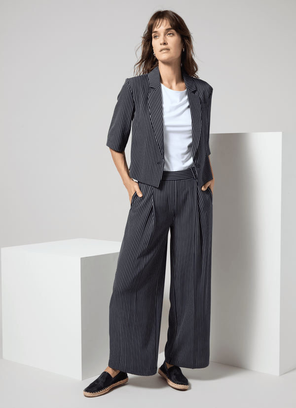lyssé Clarette Pleated Trouser (28" Inseam) Marine Pinstripe