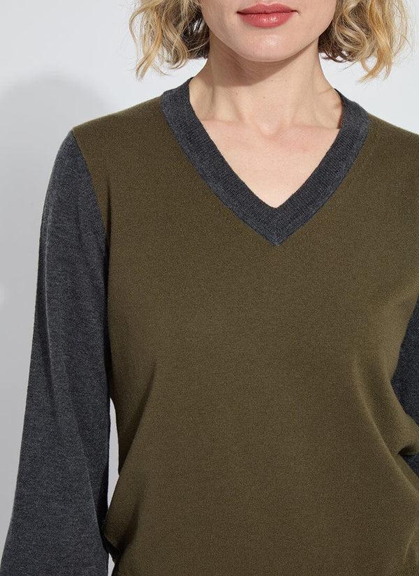 Lyssé Corinne Washable 100% Merino Wool V-Neck Sweater Charcoal/Combat