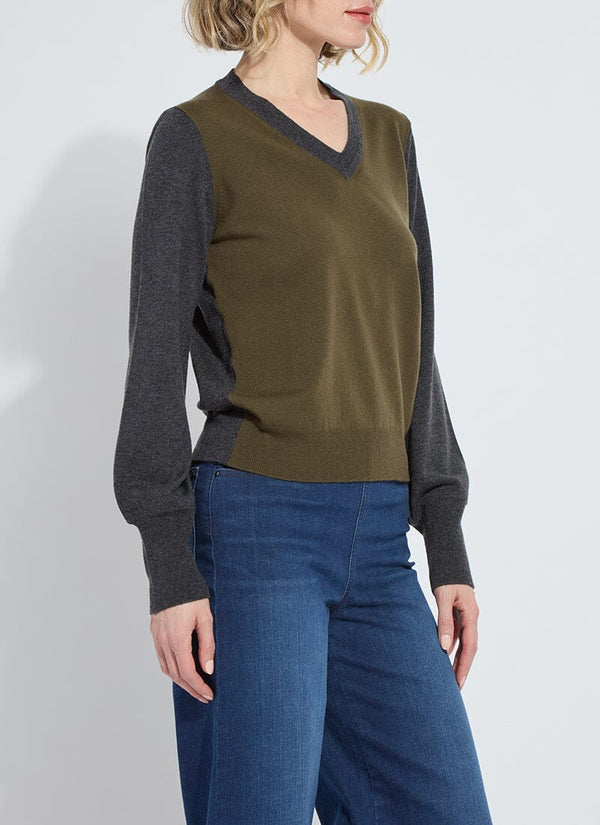 Lyssé Corinne Washable 100% Merino Wool V-Neck Sweater Charcoal/Combat