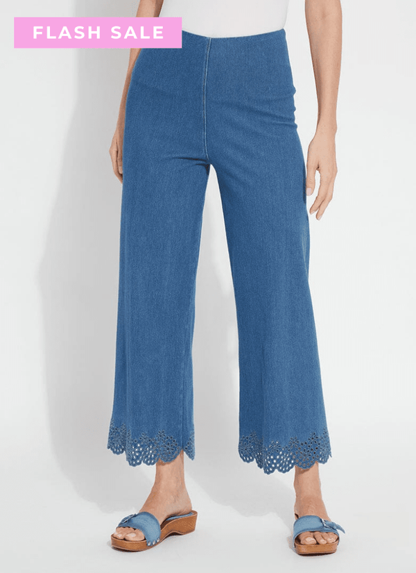 Lyssé Cropped Embroidered Eyelet Wide Leg (26" Inseam) Light Almond