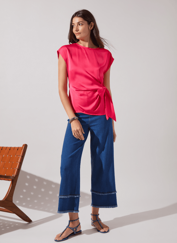 Lyssé Fringe Hi Waist Wide Leg Crop Denim (26" Inseam) Mid Wash