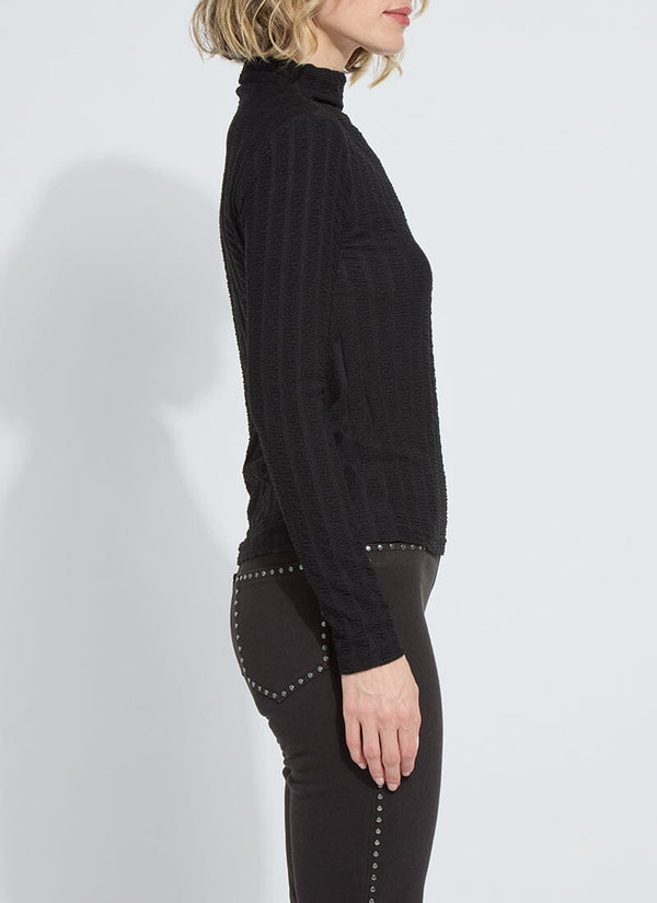 Lyssé Isaura Funnel Neck Smocked Top Black Vertical Texture