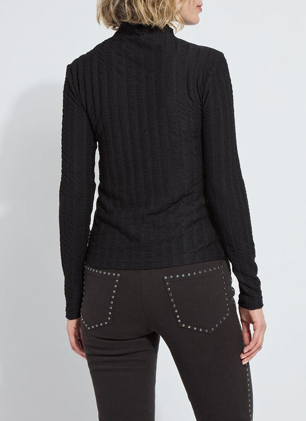 Lyssé Isaura Funnel Neck Smocked Top Black Vertical Texture