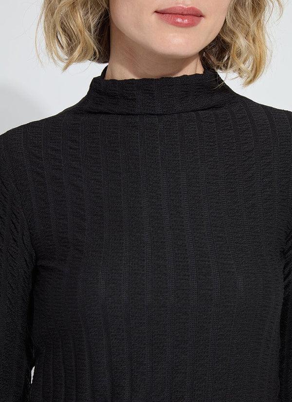 Lyssé Isaura Funnel Neck Smocked Top Black Vertical Texture