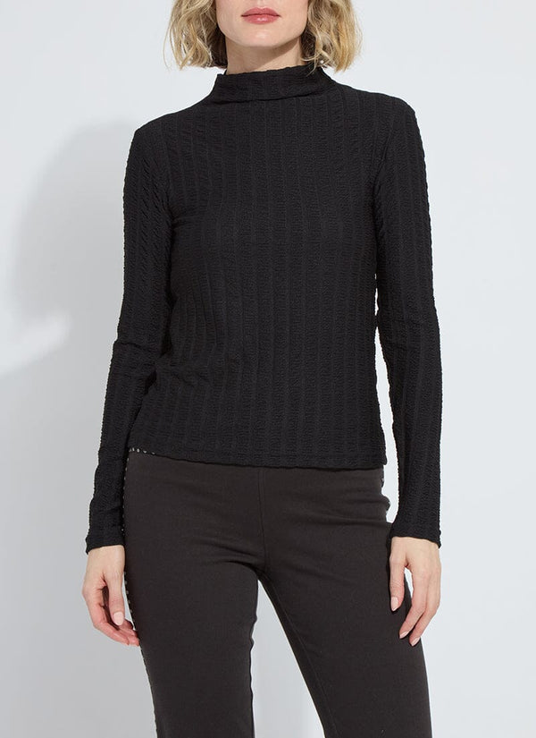 lyssé Isaura Funnel Neck Smocked Top Black Vertical Texture