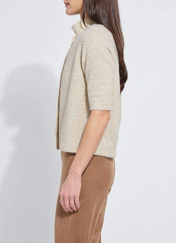 Lyssé Kennedy Short Sleeve Lurex Feather Cardigan Curvy Silky Cream