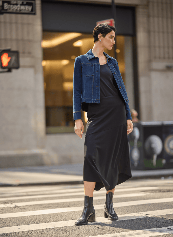 Lyssé Drapey Ponte A-Line Midi Skirt Curvy Black