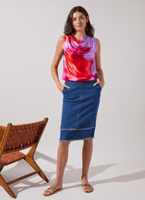 Lyssé Evelina Fringed Denim Pencil Skirt Mid Wash