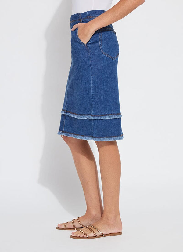 Lyssé Evelina Fringed Denim Pencil Skirt Mid Wash