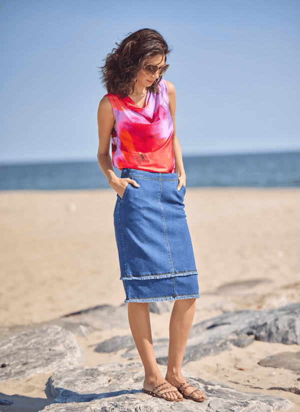 Lyssé Evelina Fringed Denim Pencil Skirt Mid Wash