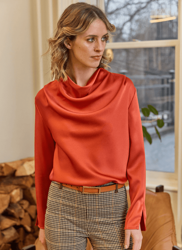 lyssé High Cowl Neck Blouse Earthy Orange