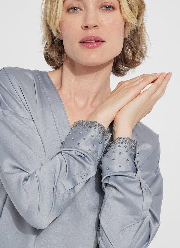 Lyssé Icyln Beaded Satin Top Blue Fog