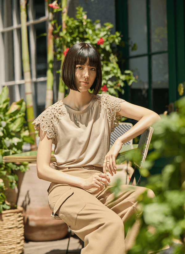 Lyssé Katarina Eyelet Sleeve Trim Top Sandstone