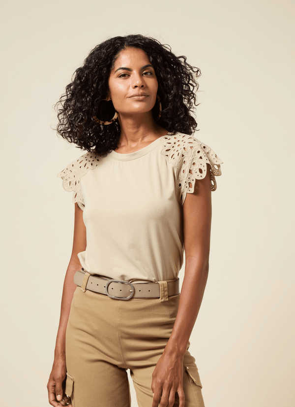 lyssé Katarina Eyelet Sleeve Trim Top Sandstone