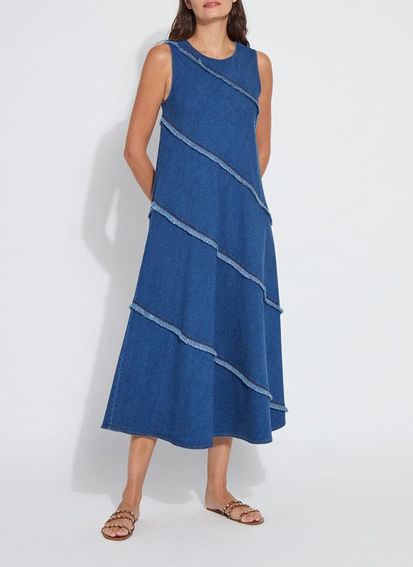 Lyssé Mirabella Fringed Midi Denim Dress Mid Wash