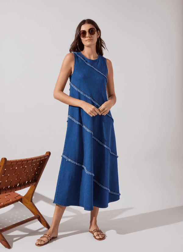 lyssé Mirabella Fringed Midi Denim Dress Mid Wash