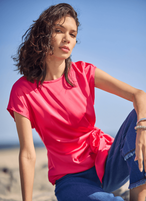 lyssé Rosalia Tie Drape Mix Media Top Pink Martini