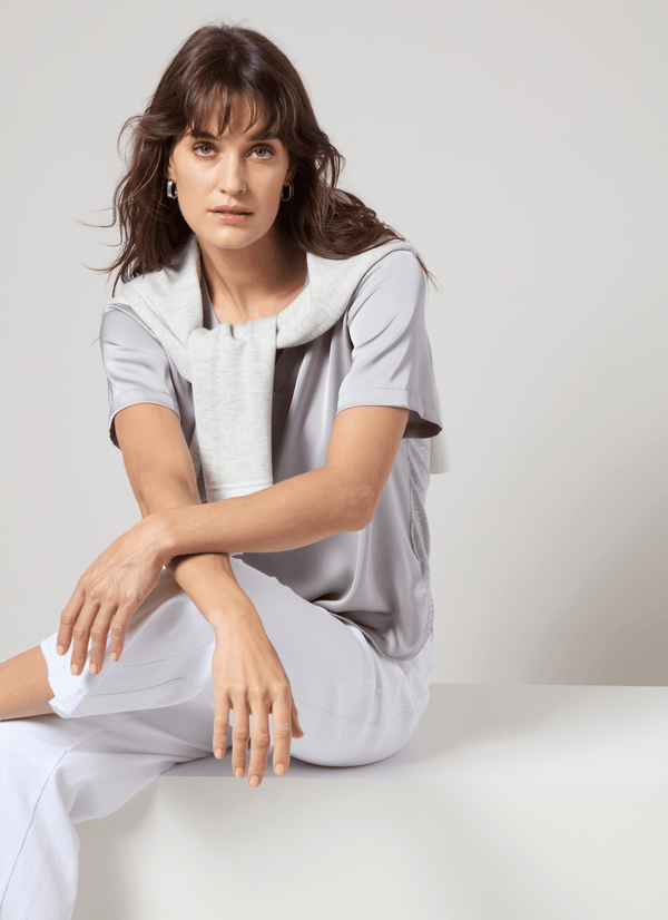 Lyssé Sonja V Neck Mix Media Top Pearl Grey