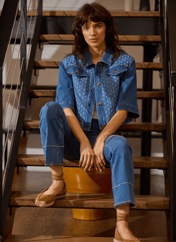 Lyssé Thea Crop Crochet Denim Jacket Mid Wash