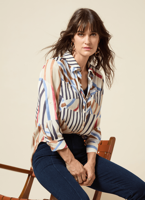 lyssé Yesenia Roll Tab Utility Shirt Stripe & Art
