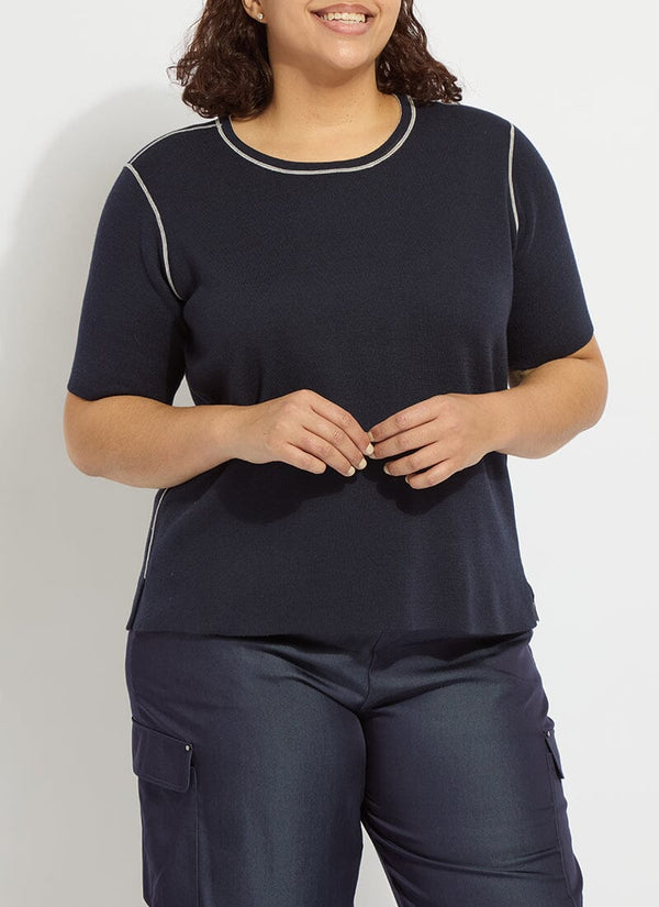 Lyssé Odessa Reversible Knit Short Slv Tee Curvy True Navy/Pearl Grey Melange