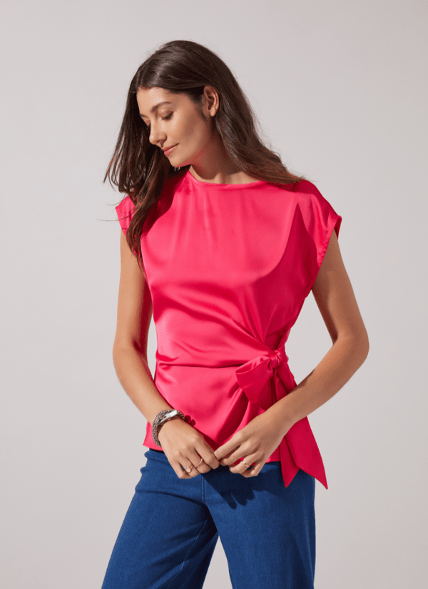 Lyssé Rosalia Tie Drape Mix Media Top Curvy Pink Martini