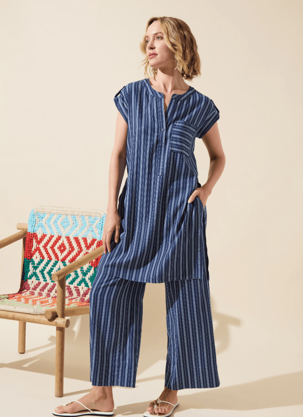 Lyssé Serefina Wide Leg Trouser (28" Inseam) Vacay Chambray Stripe