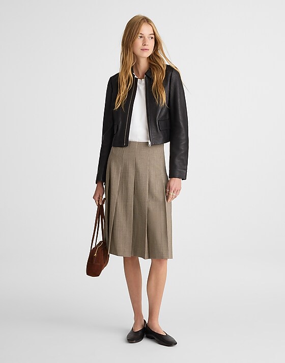 madewell A-Line Midi Skirt in Wool-Blend Twill tan plaid