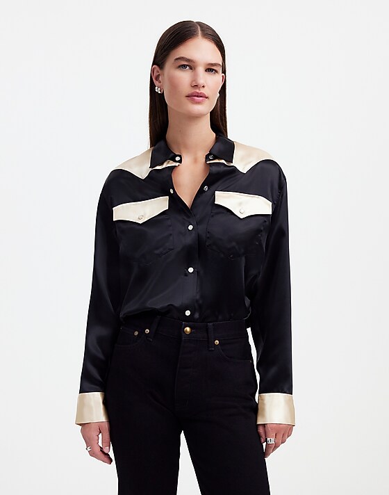madewell Alexa Chung for Madewell Satin Western Shirt true black alabaster
