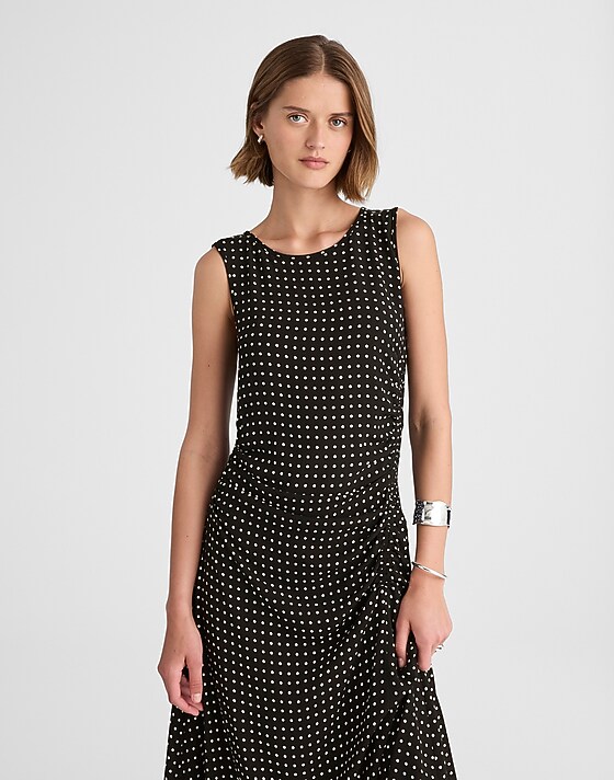 Madewell Asymmetrical Ruched Midi Dress In Dot Linear Dots Jet Black