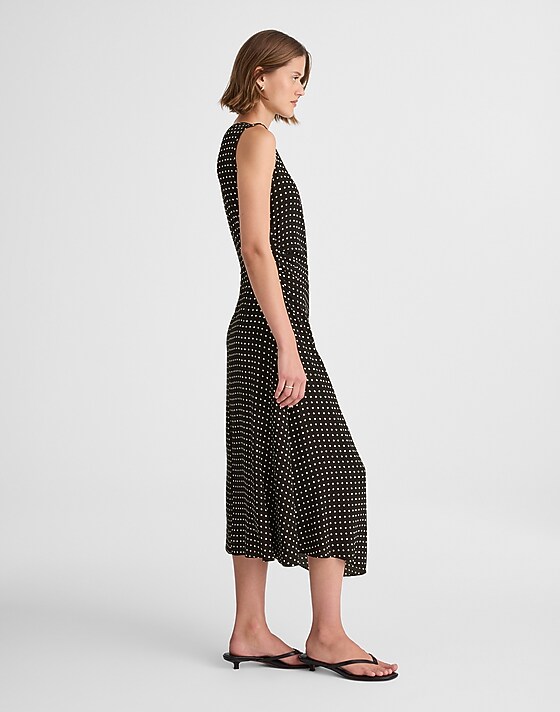 Madewell Asymmetrical Ruched Midi Dress In Dot Linear Dots Jet Black
