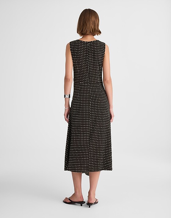 Madewell Asymmetrical Ruched Midi Dress In Dot Linear Dots Jet Black