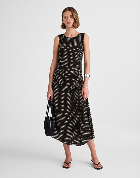 madewell Asymmetrical Ruched Midi Dress in Dot linear dots jet black