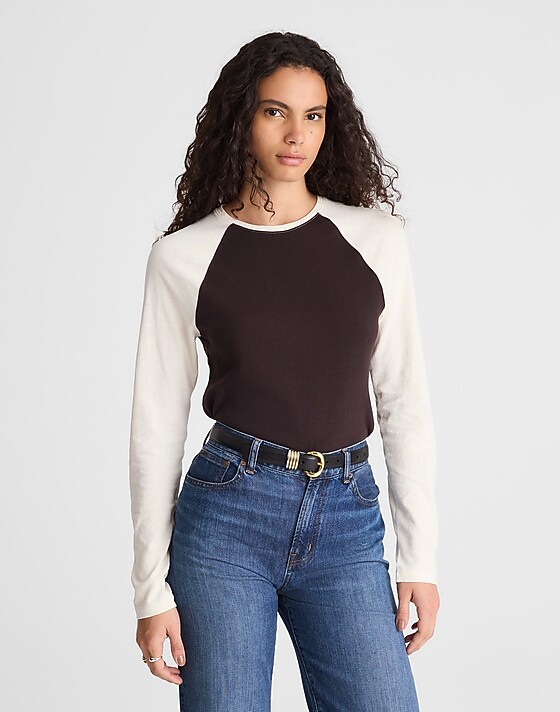 madewell Baseball Long-Sleeve Tee in Vintage Jersey antique white and molasses