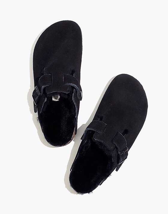 Madewell Birkenstock® Suede Boston Clogs In Shearling Black/ Black