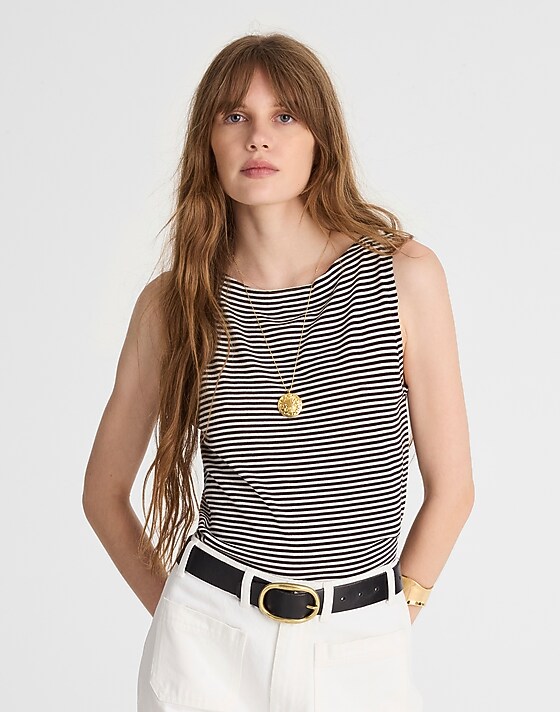 madewell Boatneck Sleeveless Sweater black and ivory mini stripe