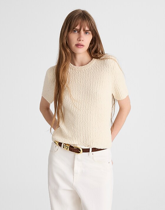 Madewell Bouclé-Knit Crewneck Sweater Tee Antique Cream