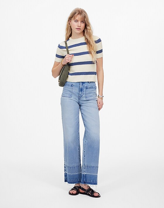 Madewell Bouclé-Knit Crewneck Sweater Tee Delphinium Blue Stripe