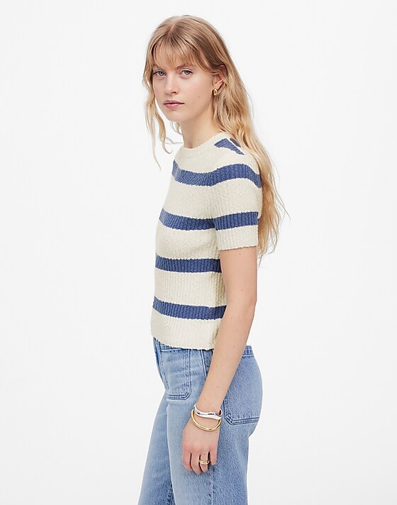 Madewell Bouclé-Knit Crewneck Sweater Tee Delphinium Blue Stripe