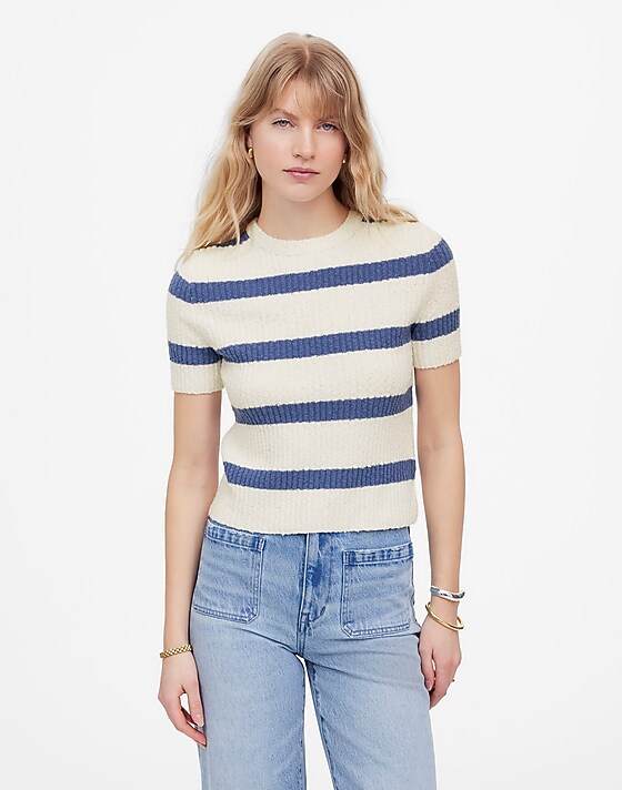 madewell Bouclé-Knit Crewneck Sweater Tee delphinium blue stripe