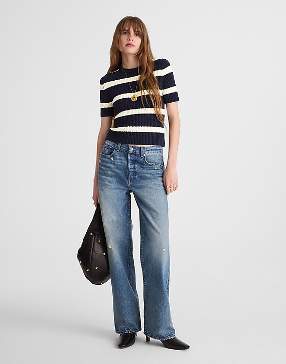 Madewell Bouclé-Knit Crewneck Sweater Tee Midnight Navy And Ivory