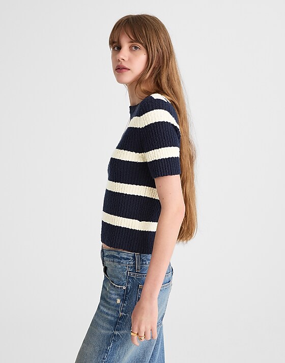 Madewell Bouclé-Knit Crewneck Sweater Tee Midnight Navy And Ivory