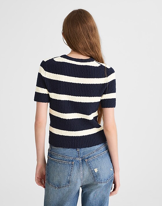 Madewell Bouclé-Knit Crewneck Sweater Tee Midnight Navy And Ivory