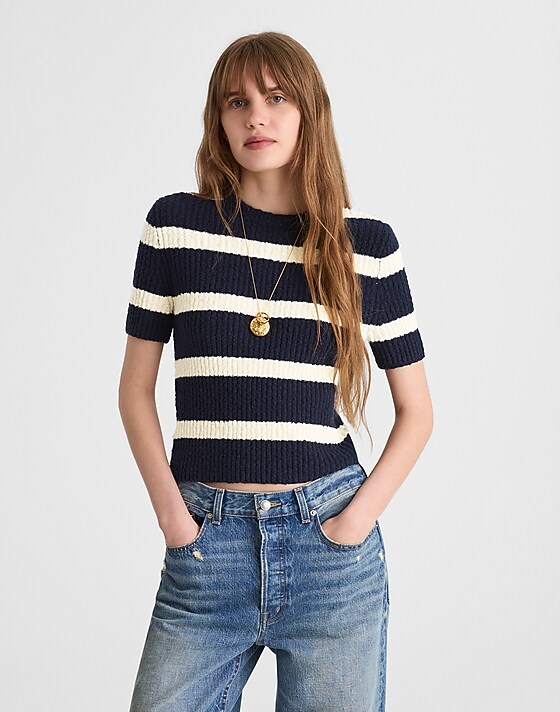 madewell Bouclé-Knit Crewneck Sweater Tee midnight navy and ivory