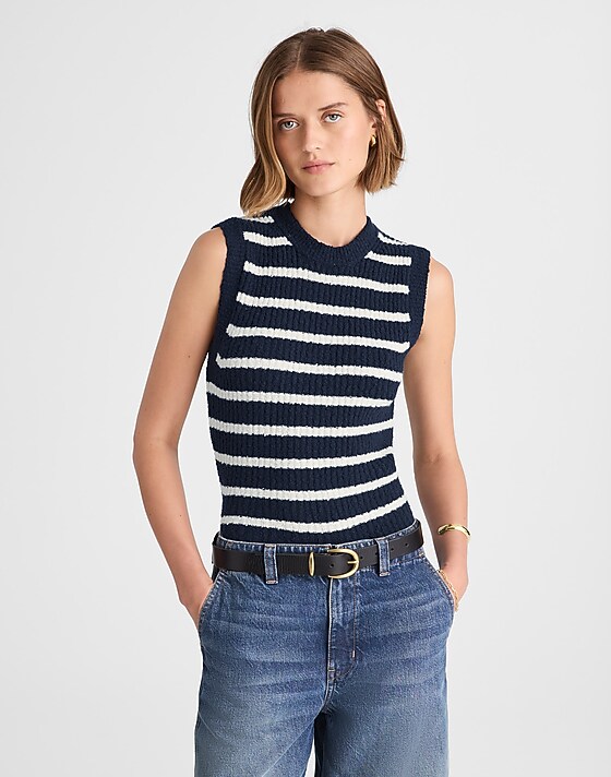 madewell Bouclé-Knit Sweater Tank midnight navy and ivory