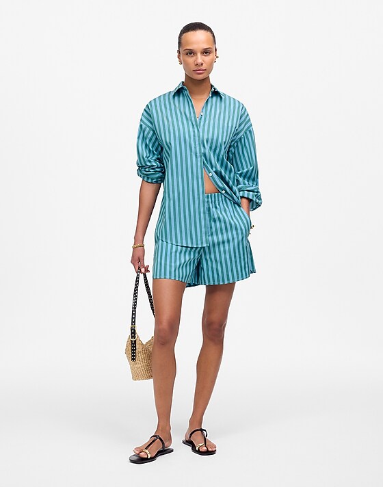 Madewell Boxy Button-Up Shirt In Stripe Bayside Stripe Cool Aqua