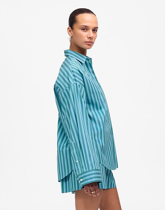 Madewell Boxy Button-Up Shirt In Stripe Bayside Stripe Cool Aqua
