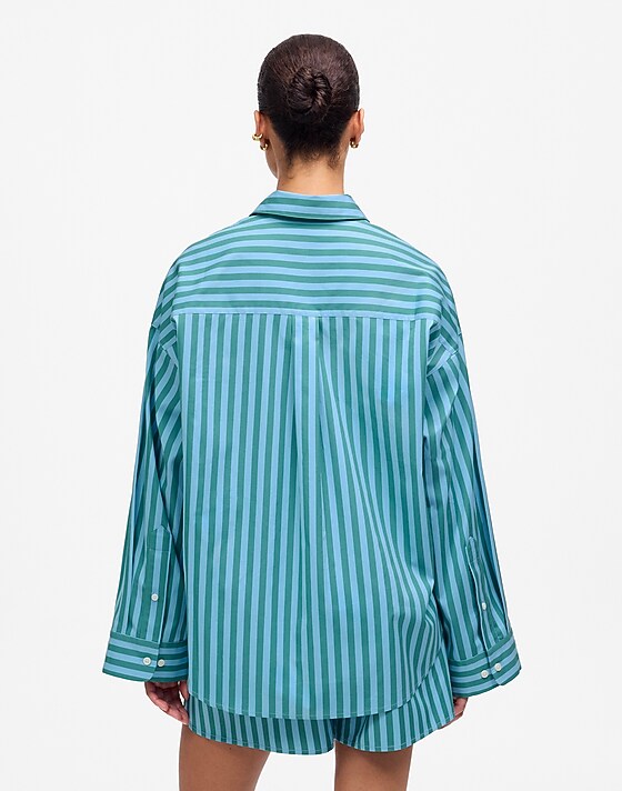 Madewell Boxy Button-Up Shirt In Stripe Bayside Stripe Cool Aqua